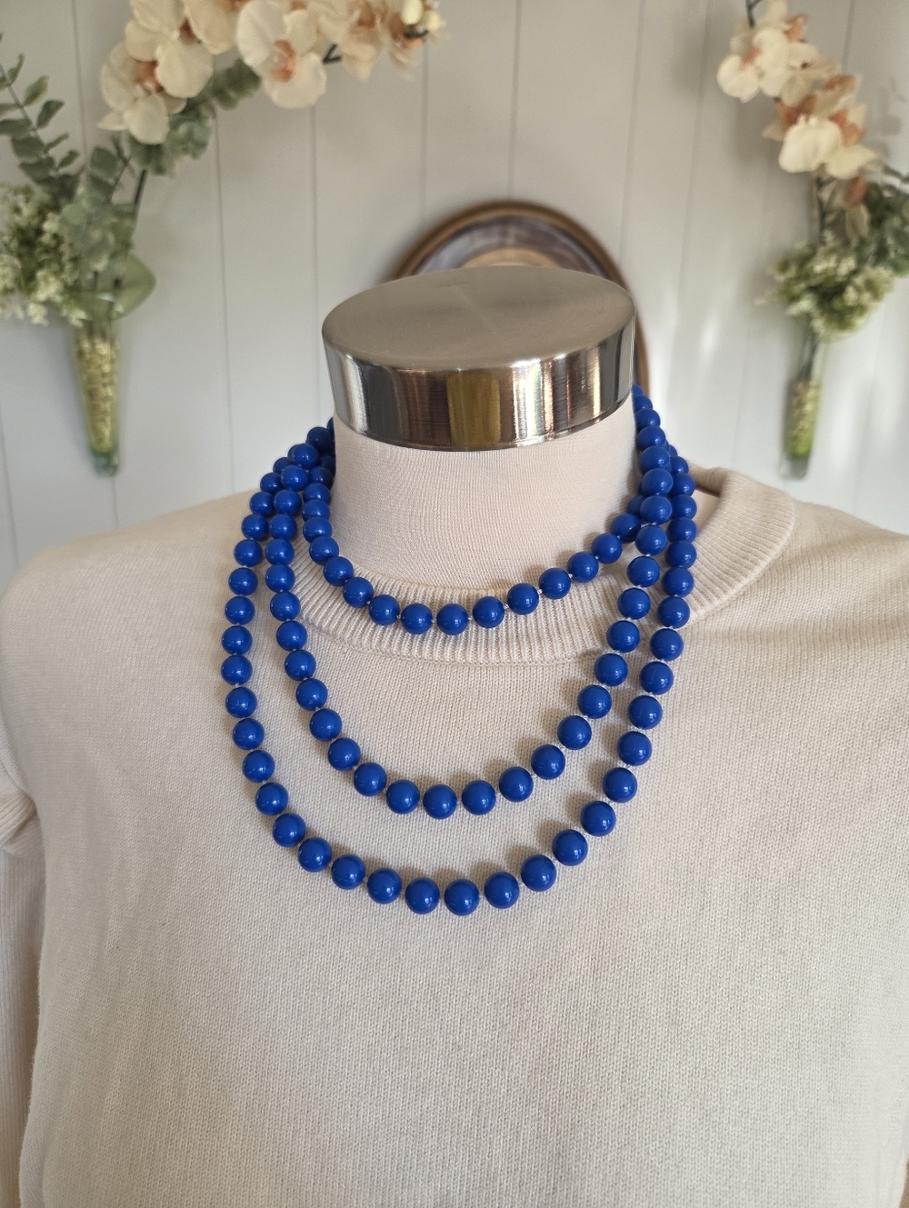 Vintage Classic Triple-Strand Blue Beaded Necklace - Unbranded